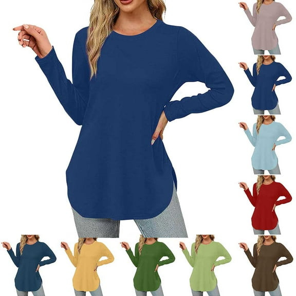 GSPCLAM Crew Neck T Shirts for Women Solid Color Long Sleeve Tops for Daily Life Fall & Winter Light-Weight Fashioning T-Shirts Dark Blue XXL