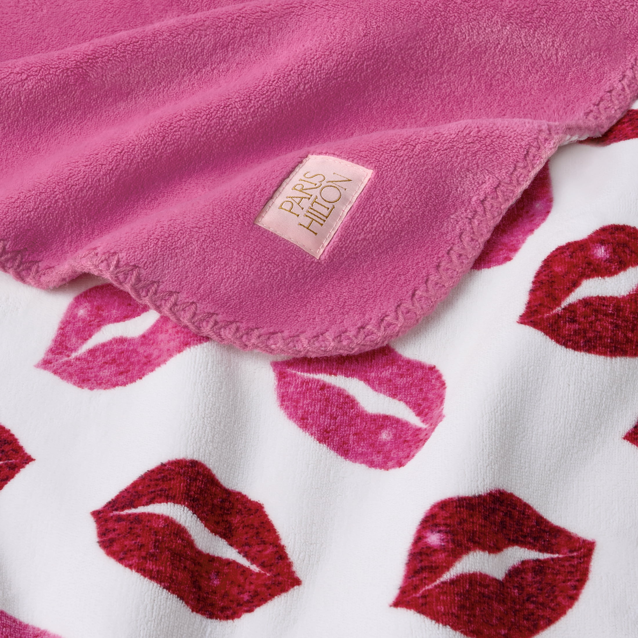 Paris Hilton Plush Throw Blanket, Reversible Fleece, 60" x 70", Pink Glitter Lips