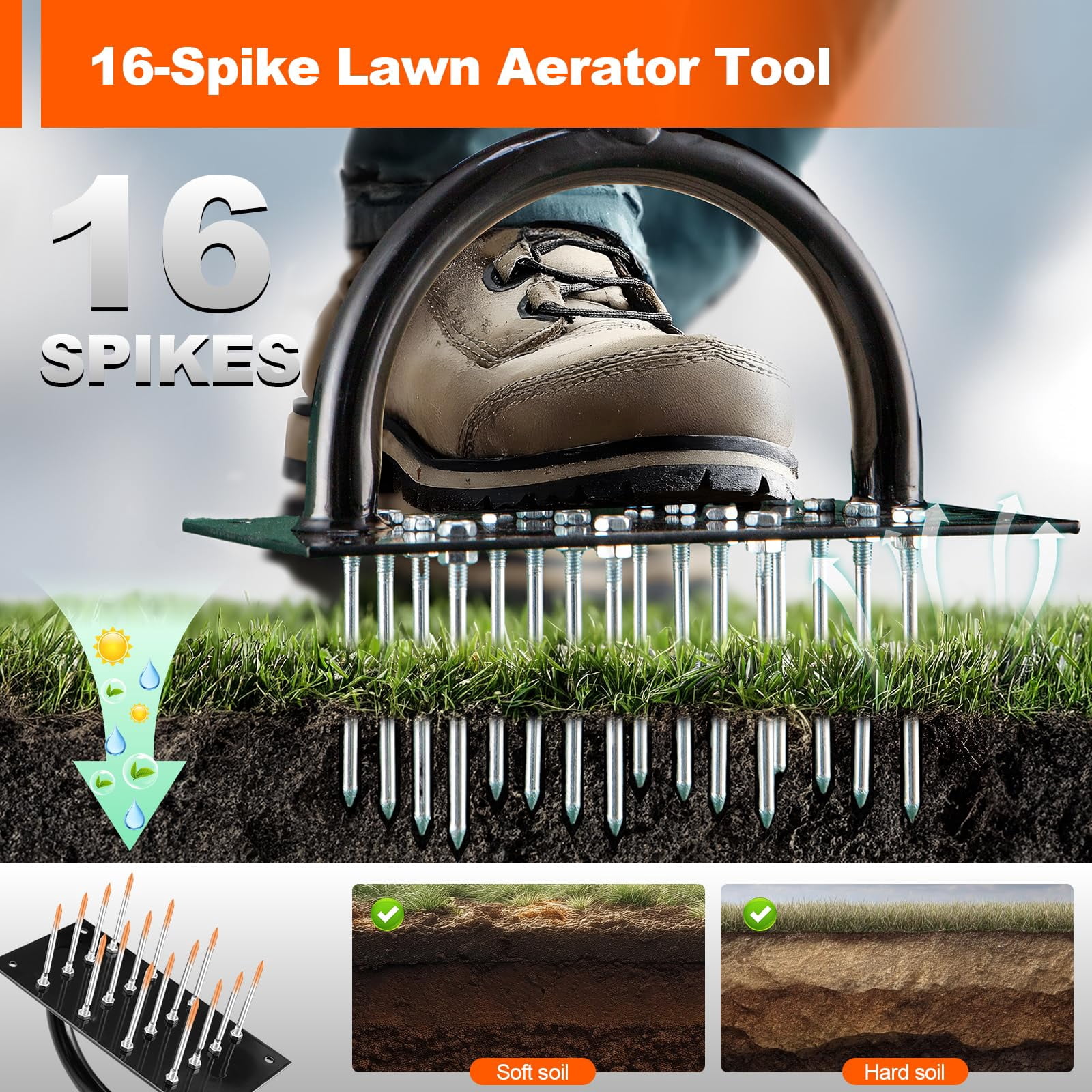 Lawn Aerator Tool - 16 Iron Spikes With T-handle  Automatic Dirt Clean For Soil Loosening & Yard Aeration Manual Metal Grass (black Orange)