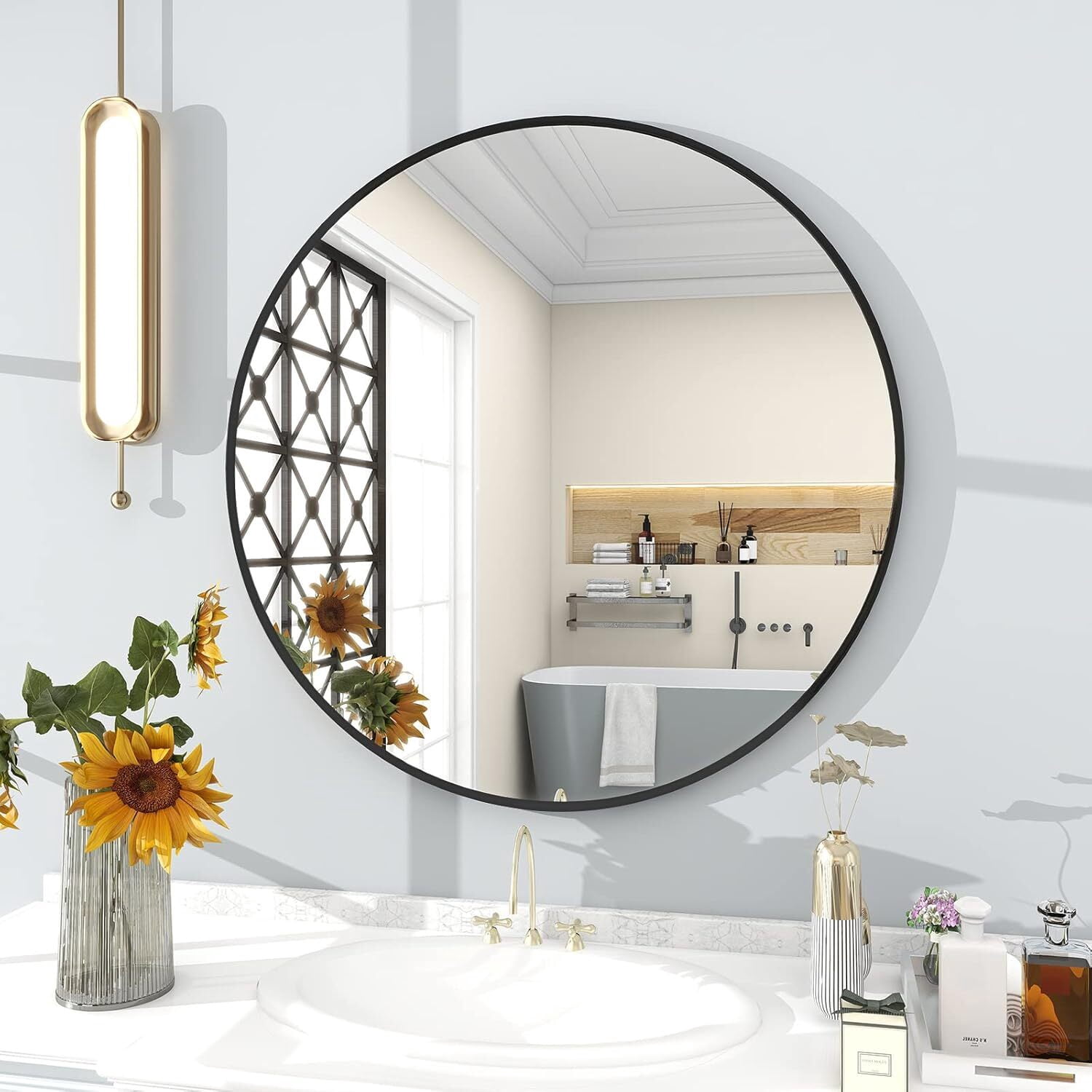 Mirstory 24.5" Round Wall Mirror Bathroom Mirror Wall Mounted Mirror with Aluminum Alloy Frame, Black