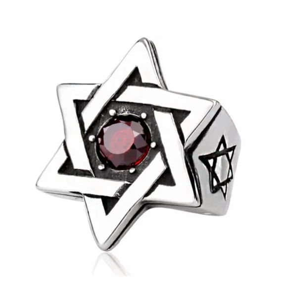 K-KED Solomon Hexagram Star Ring Stainless Steel Vintage Red CZ Men's Biker Punk Ring-10