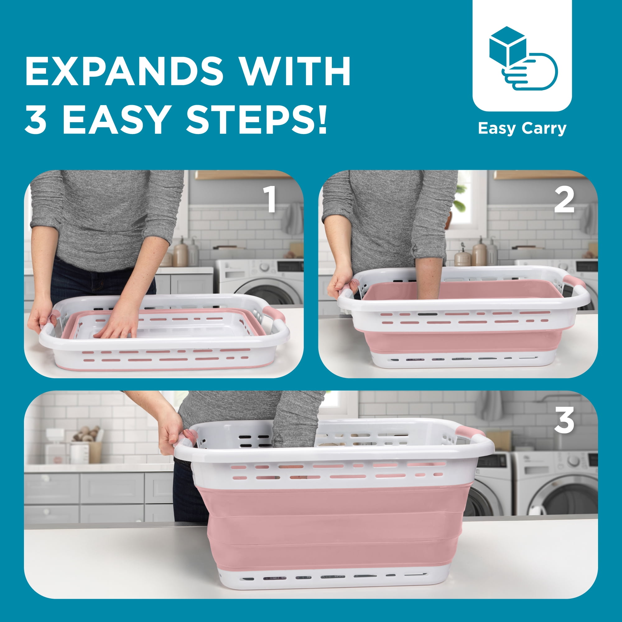 BLACK + DECKER Collapsible Laundry Basket with Handles, Space-Saving Design, Pink, 2-Pack