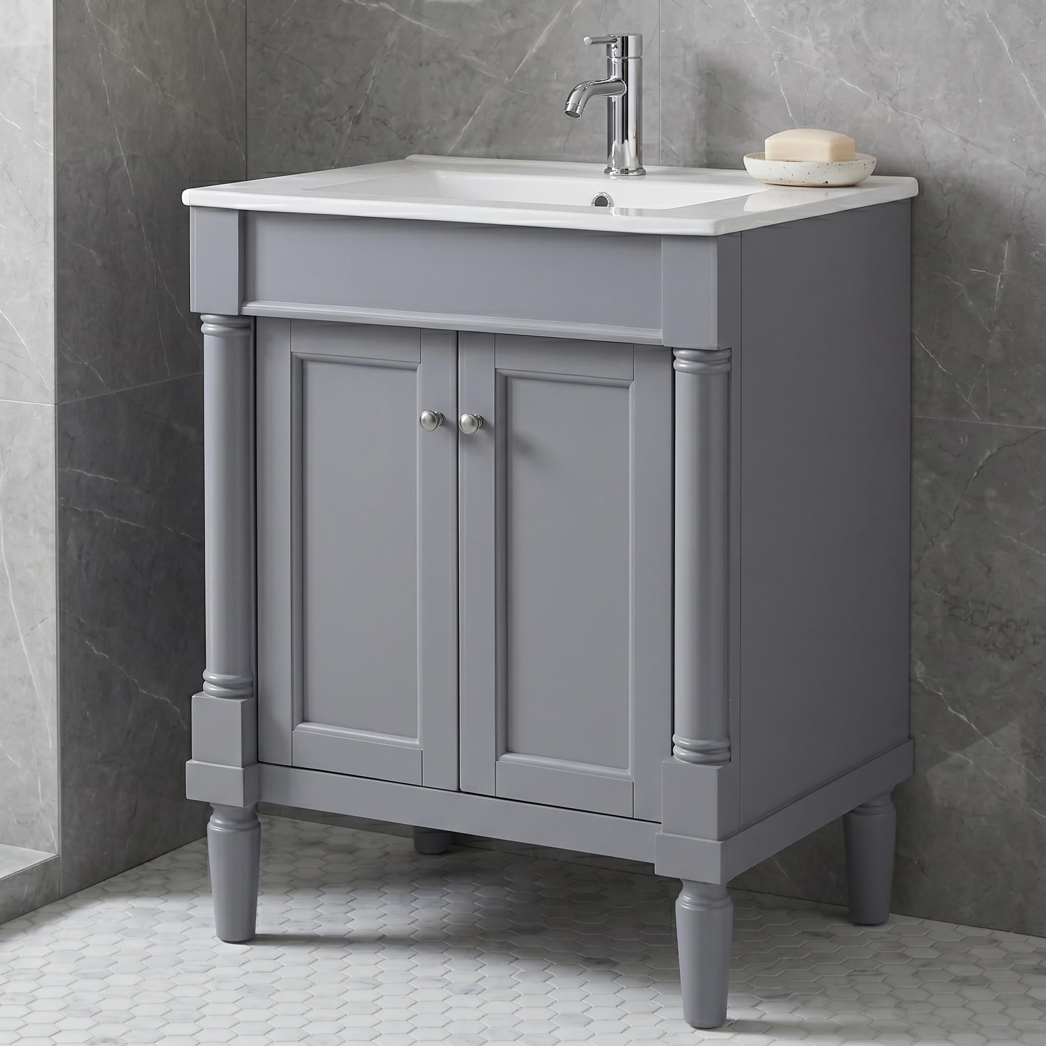 Homy Casa 24" Bathroom Vanity with Sink, Ceramic Top, 2-Door Storage Cabinet, Gray