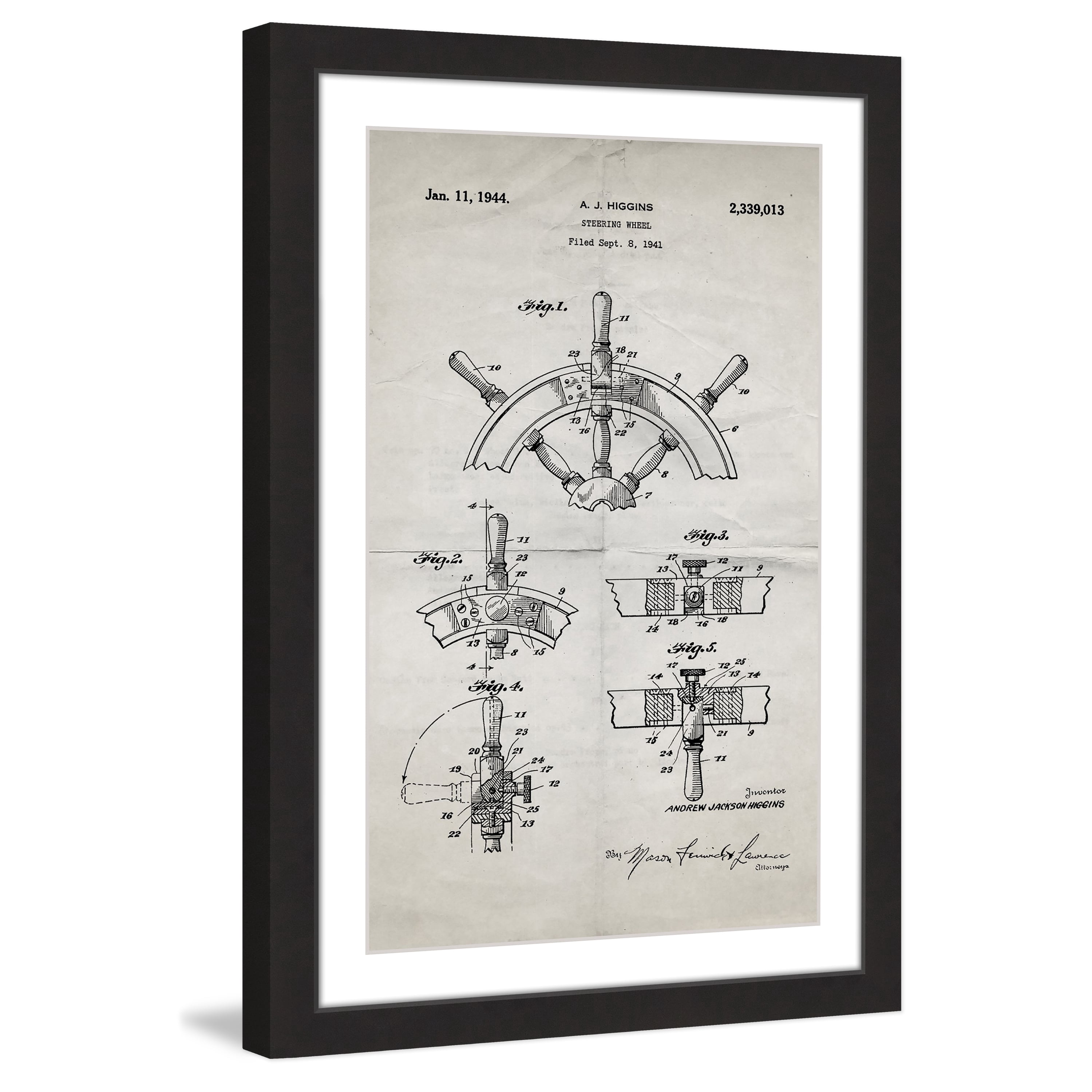 "Boat Steering Wheel 1941 Old Paper" Framed Painting Print