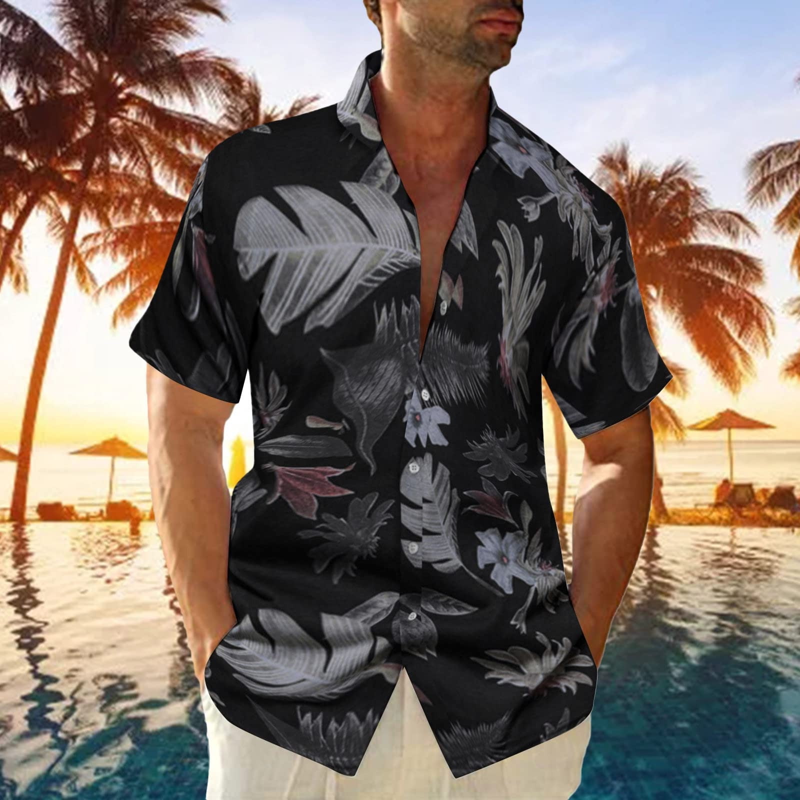 Men Leaf Print Hawaiian Shirts Vintage Tropical Beach Shirt Big and