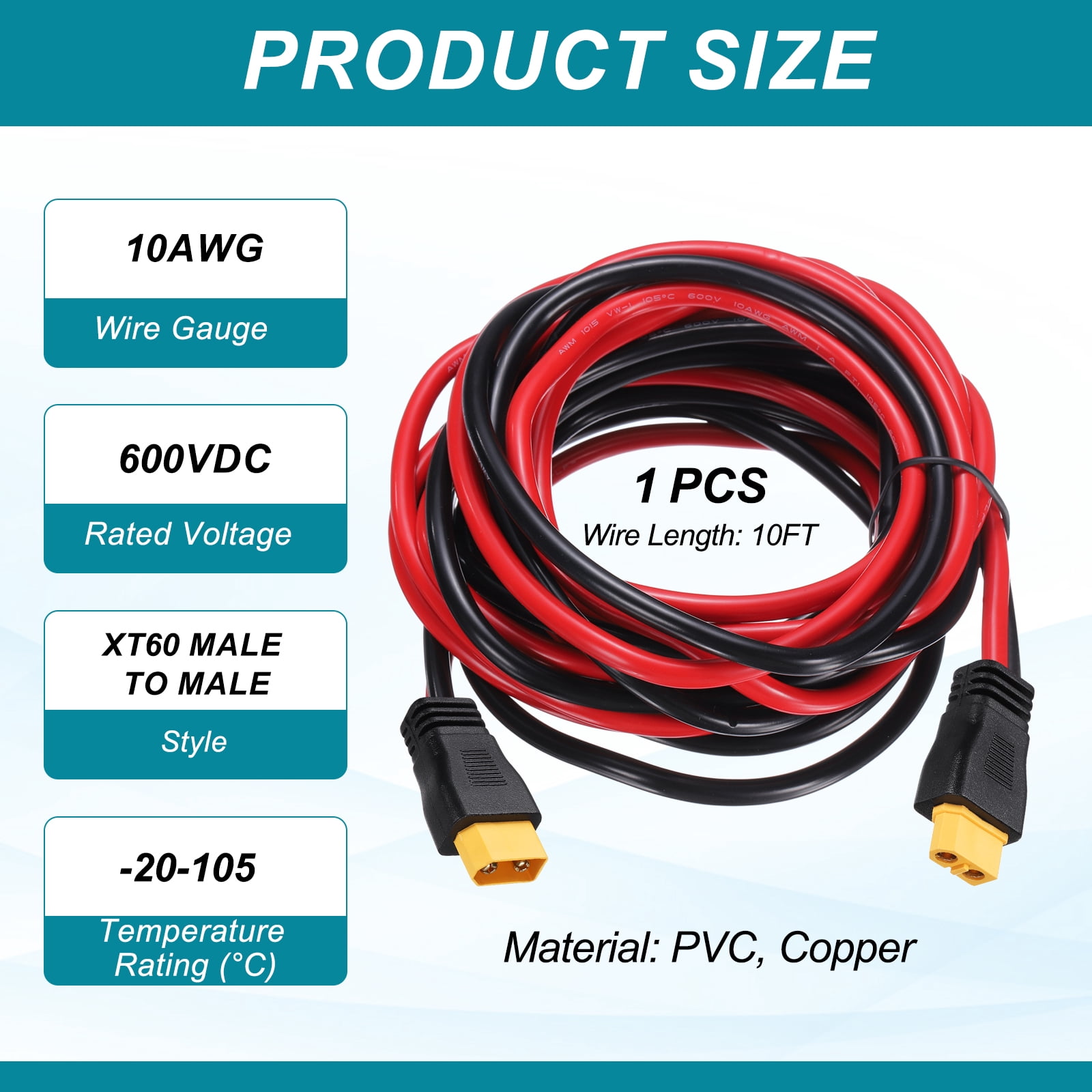 Uxcell 600VDC XT60 Extension Cable, 10AWG 10FT XT60 Male to Female Connector Cable for RC Battery Portable Power Station Solar Panel FPV Drone