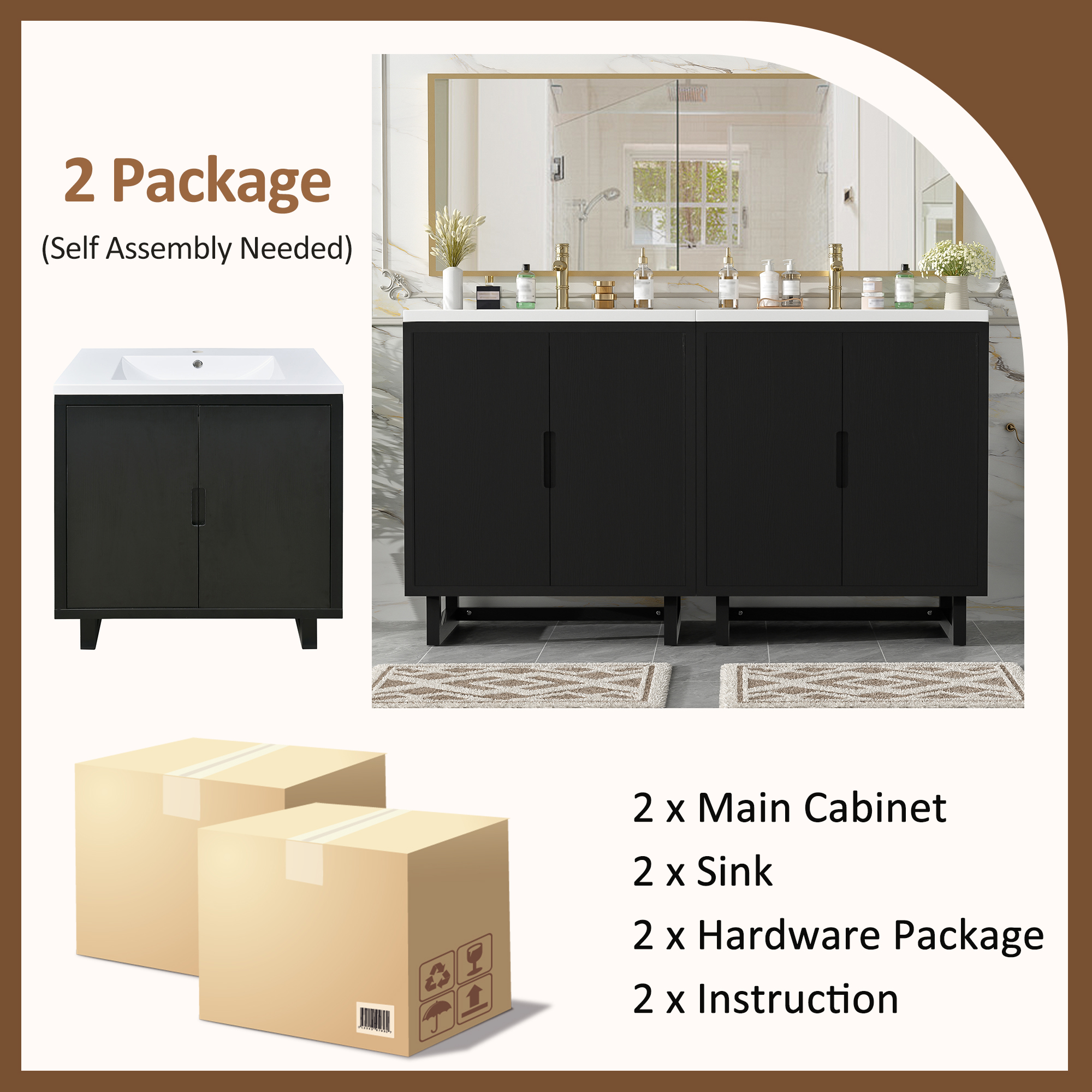 Euroco 60.2" Bathroom vanity Set with Sink, Combo Cabinet, Bathroom Storage Cabinet, Solid Wood Frame
