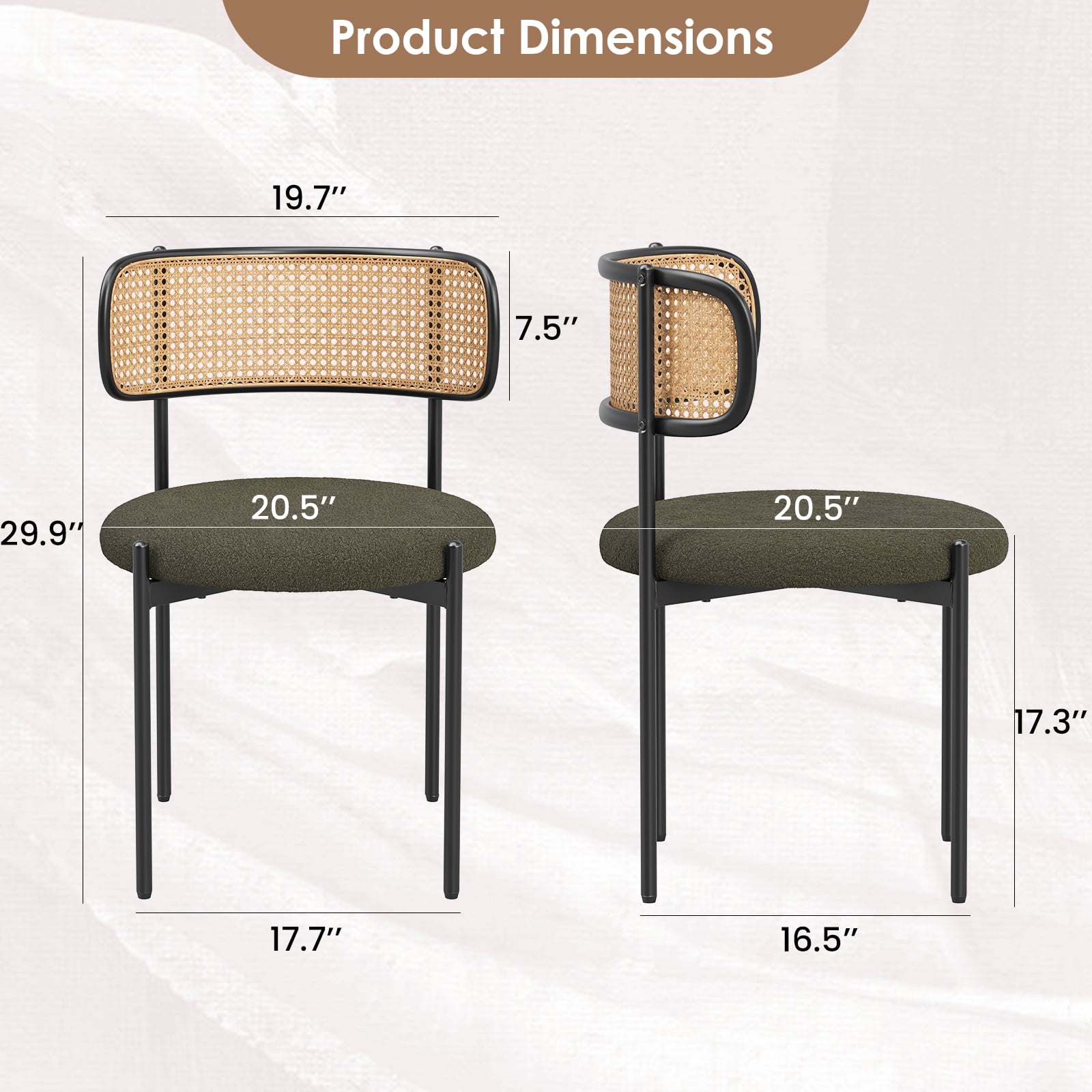 STARY Upholstered Dining Chair Set of 2, Rattan Backrest Kitchen Chair, Green