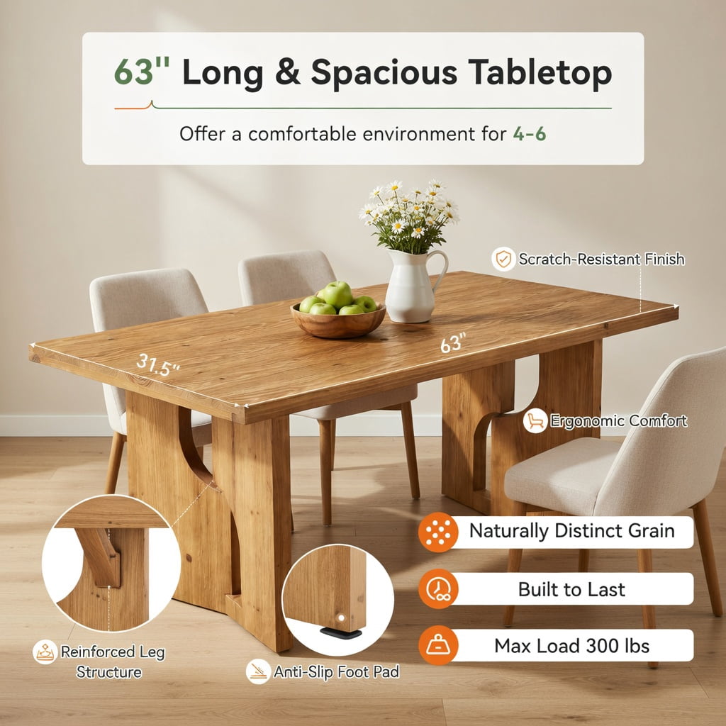 Hommoo 63 Inch Solid Wood Farmhouse Dining Table for 4-6 People, Rustic Kitchen Table with Cutout Base Design, Sturdy Natural Wood Dining Table for Modern & Traditional Interiors, Natural