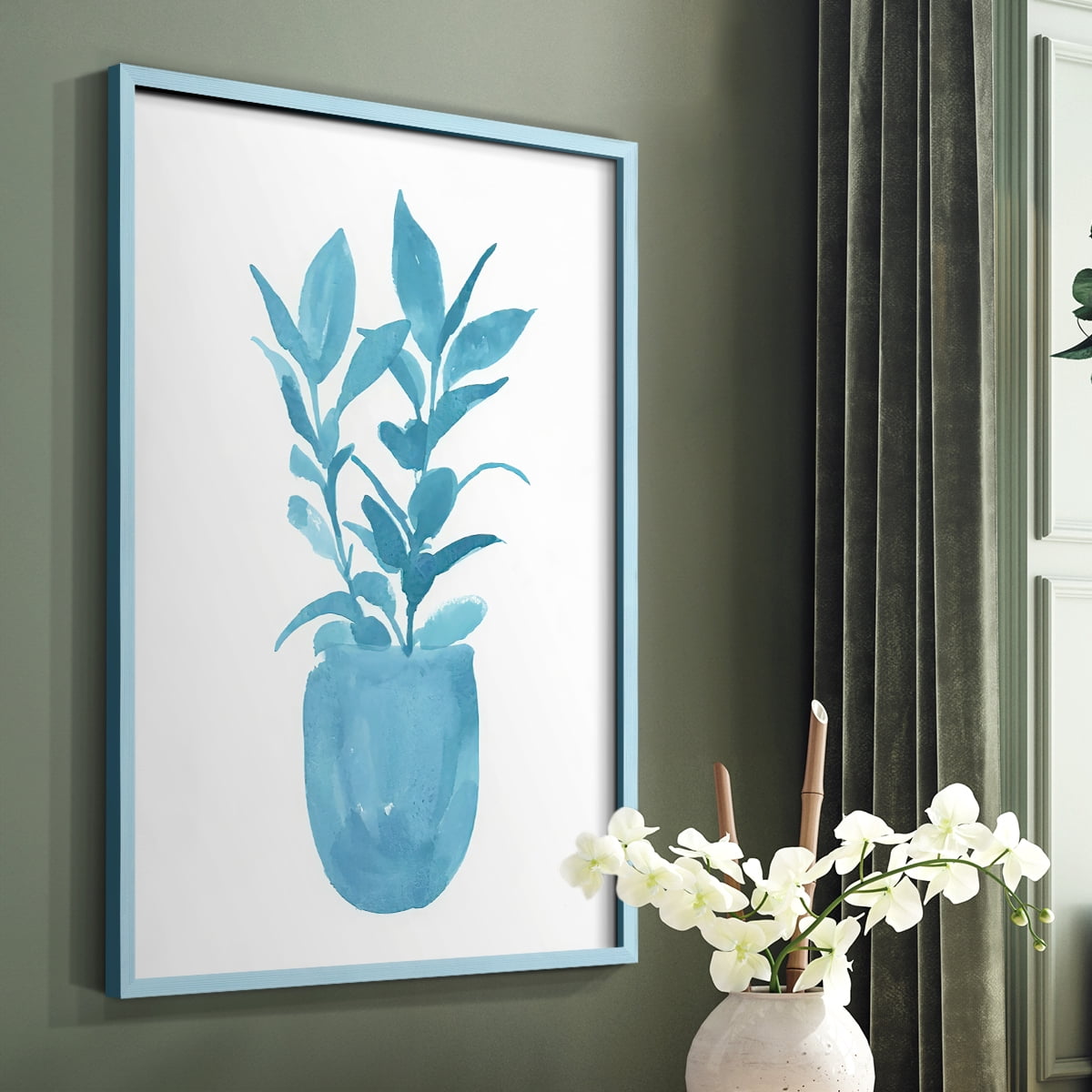 Watercolor House Plant III Framed Print in Blue Solid Wood 11 x 14 Framed Print