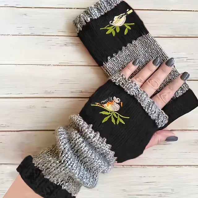 Embroidery Splicing Knitted Gloves Warm Gloves Fashion Leaky Finger Casual Women's Glove
