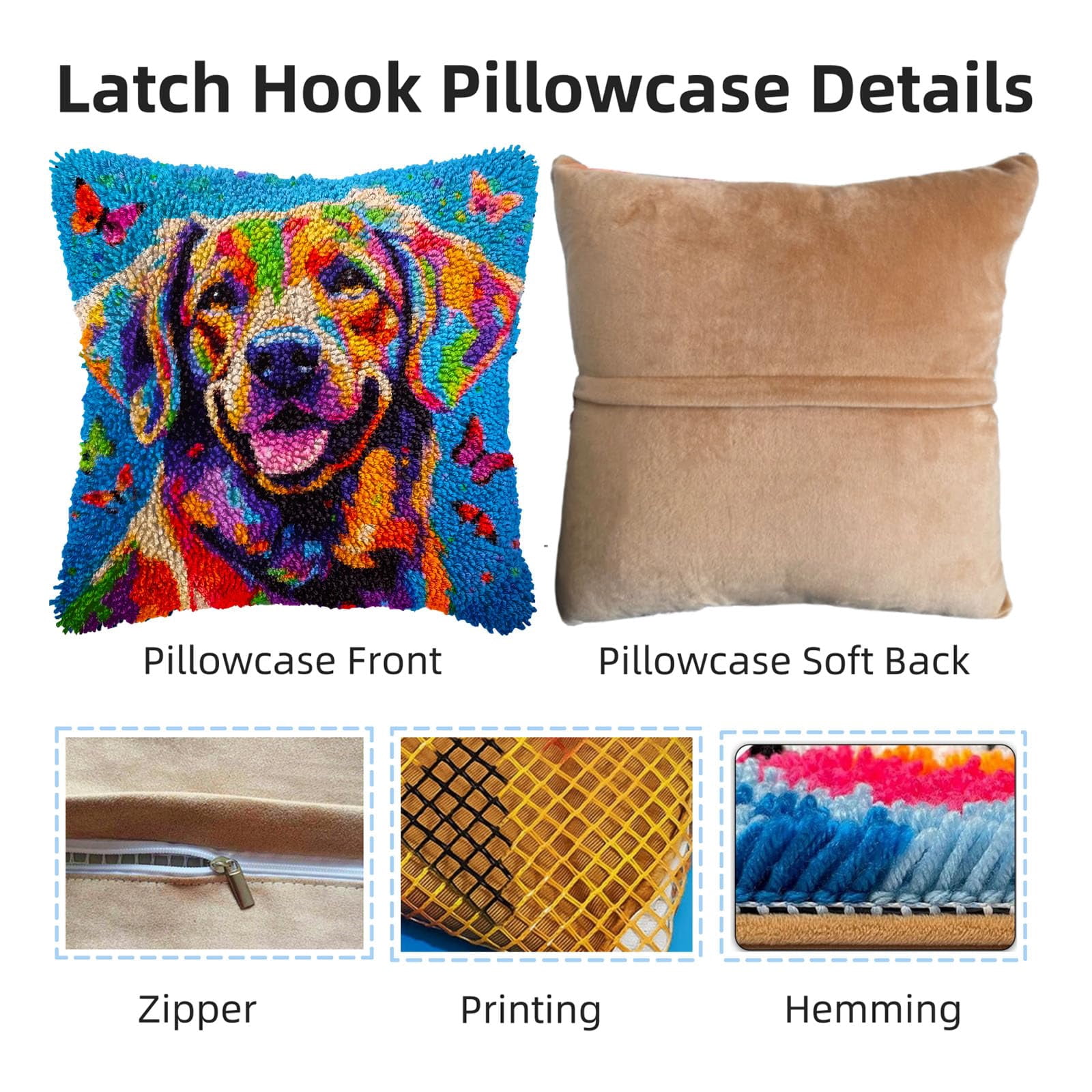 Brittany Spaniel and Colorful Butterflies DIY Latch Hook Pillow Kits for Adults Printed Pillowcase Crochet Yarns Hooking Handmade Pillow Cover Cushion for Home Sofa Decoration 17x17inch(2)