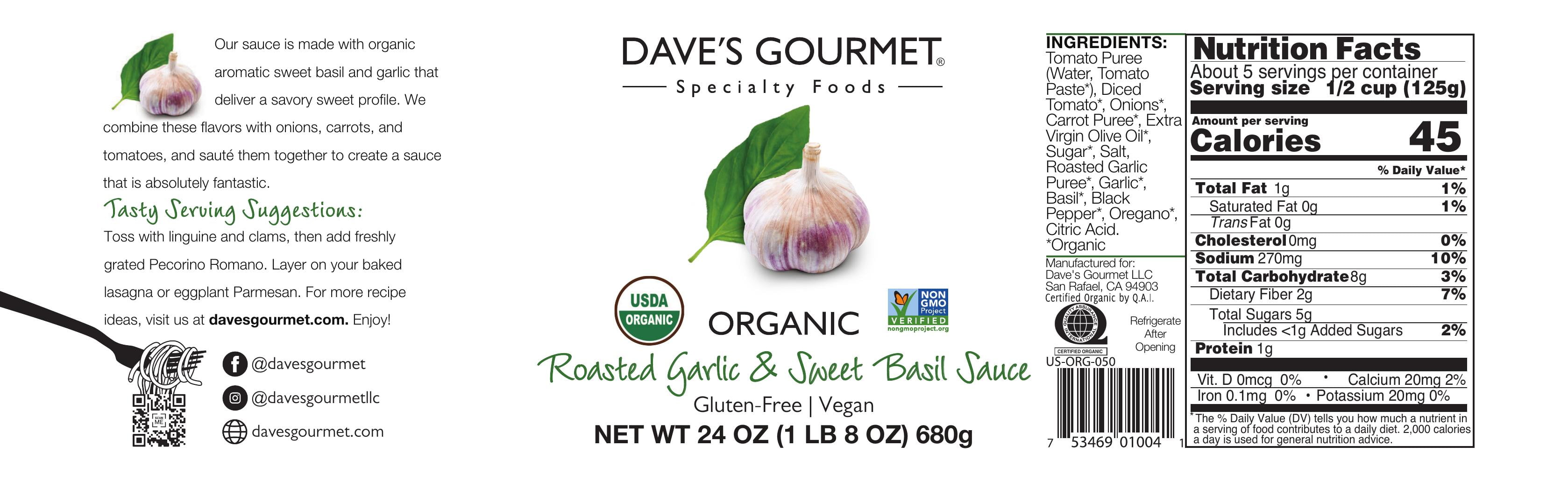 (2 pack) Dave’s Gourmet Organic Roasted Garlic and Sweet Basil Tomato Pasta Sauce, Perfect for Spaghetti, Shelf-Stable, Gluten-Free, Vegan, 24oz Jar