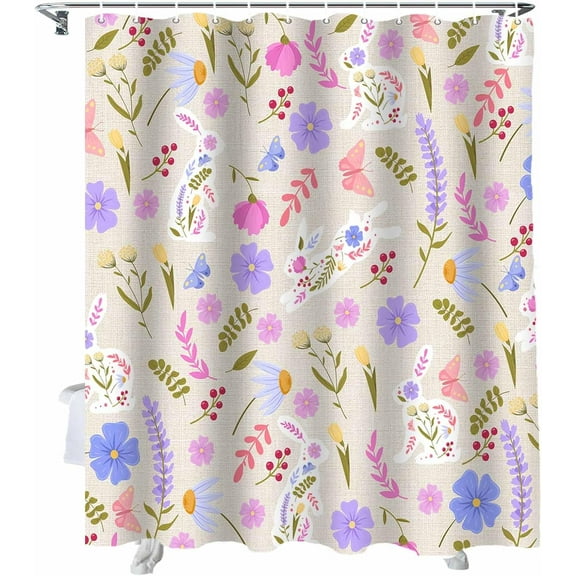 Easter Shower Curtain Bunny Rabbit Flower Floral Shower Curtains for Bathroom Decor Abstract Leaves Butterfly Bath Curtains Sets for Spring Easter Bathroom Decor Fabric Waterproof Standard 72" X 72"