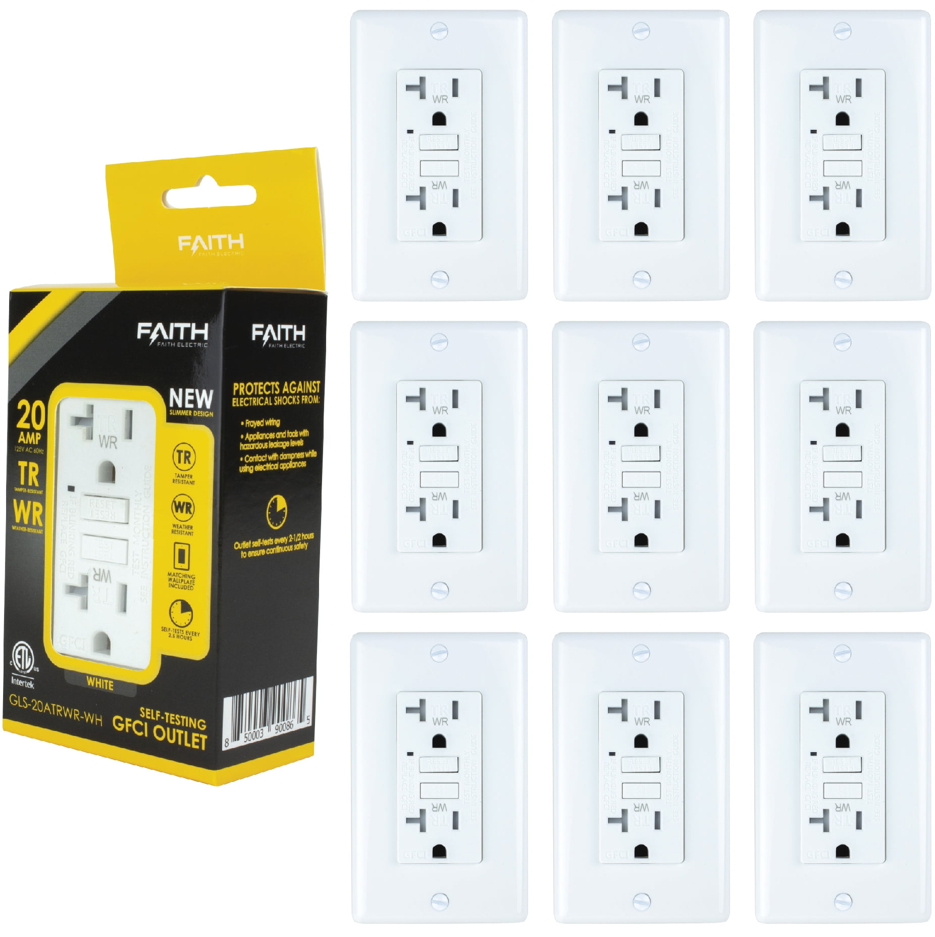 Faith 20A WR TR GFCI Outlets Black Weather Resistant Tamper-Resistant GFI Duplex Receptacles with LED Indicator ETL Listed Slim Self-Test Ground Fault Circuit Interrupter with Wall Plate