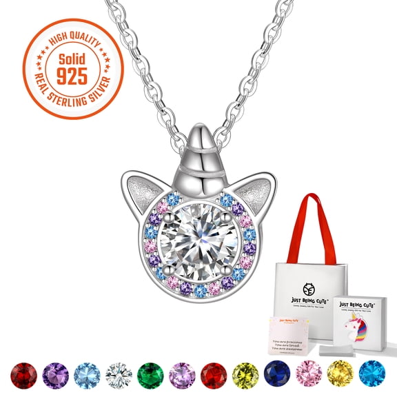 Just Being Cute Created Diamond Birthstone Necklace for Women, Real 925 Sterling Silver Pendant Necklace Unicorn Jewelry Gifts for Birthday Christmas