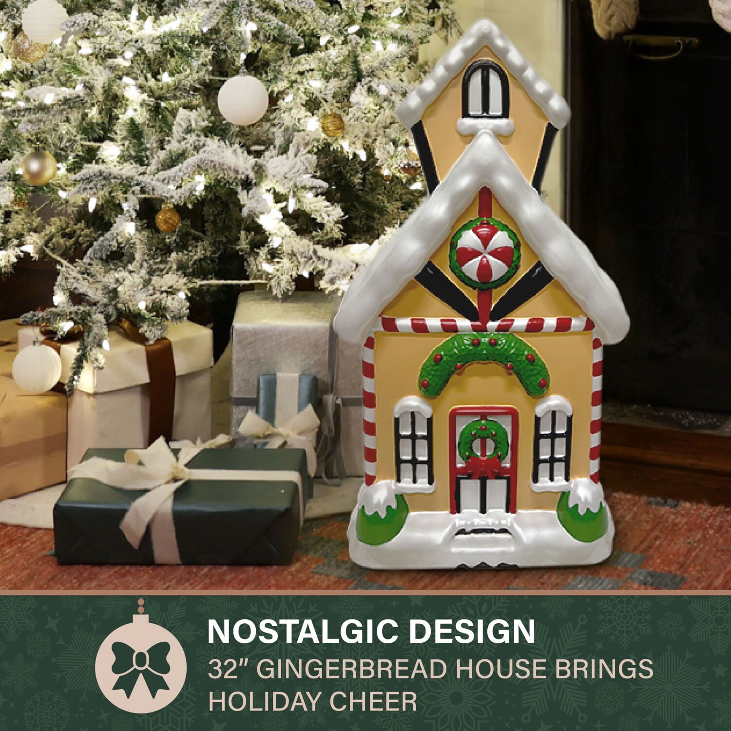 Fraser Hill Farm 32 in Lighted Blow Mold Gingerbread House Holiday Decoration, FFBM-1GNB-MLT