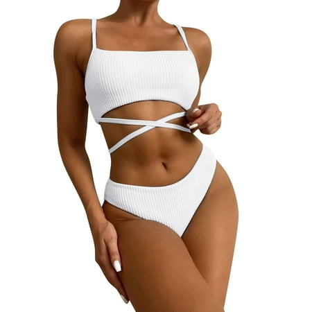 Ploknplq Women s Two-piece Swimsuit Stock Drop Bandage Push Up Bra Women s Bikini Set Solid Swimsuit Set Beachwear Triangle Bikini Set Summer Swimwear White M