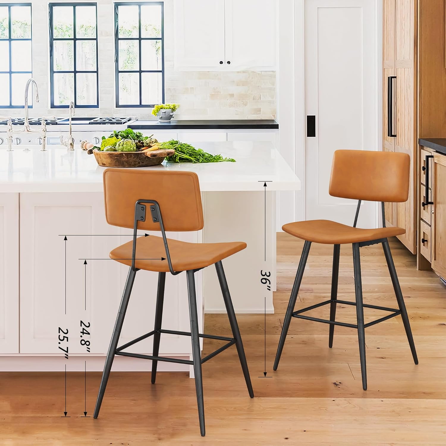Dycanpo 24.5" Counter Height Bar Stools Set of 4, Faux Leather Upholstered Barstools, Brown