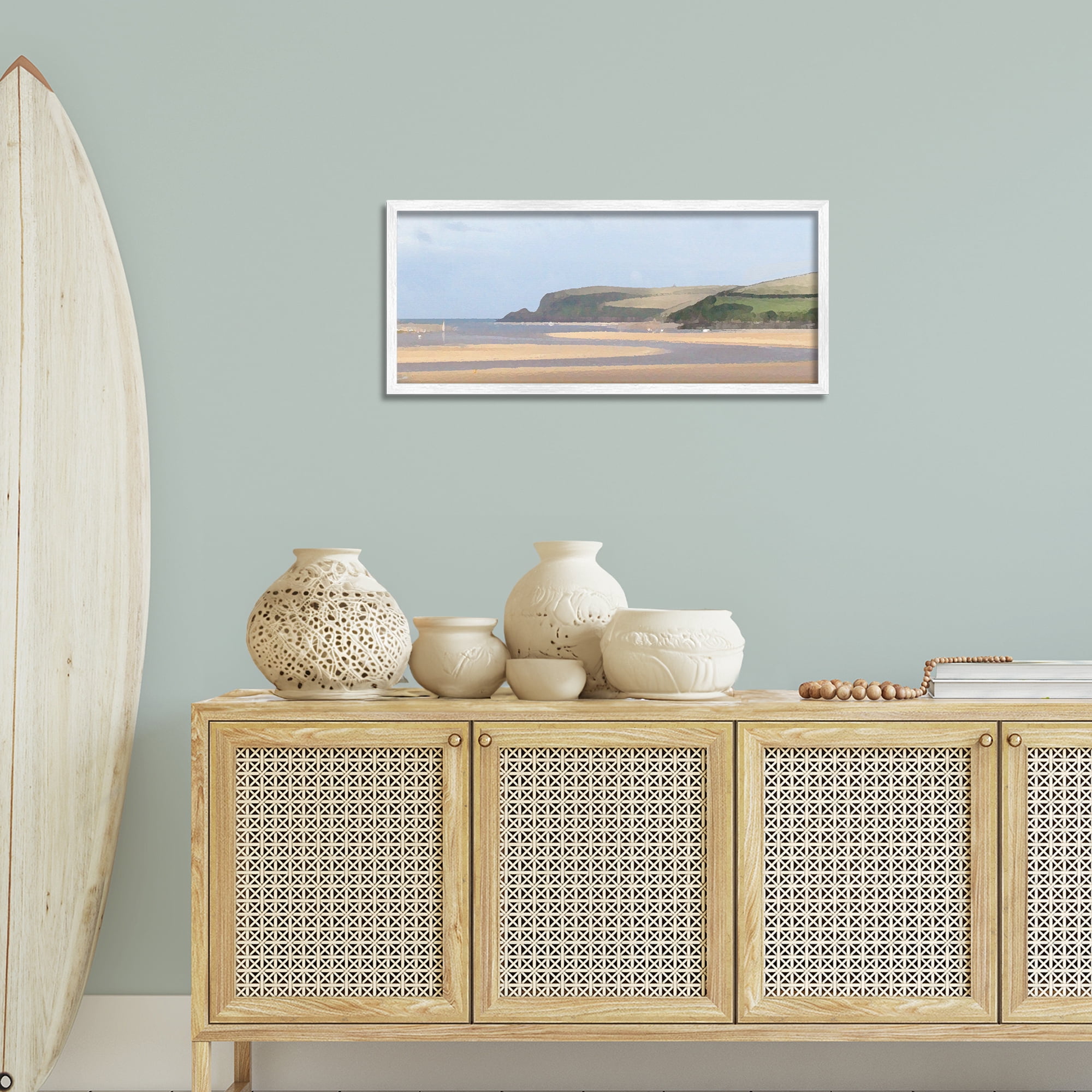 Stupell Industries Sunlit Sands Beach Landscape Painting White Framed Art Print Wall Art, 30 x 13