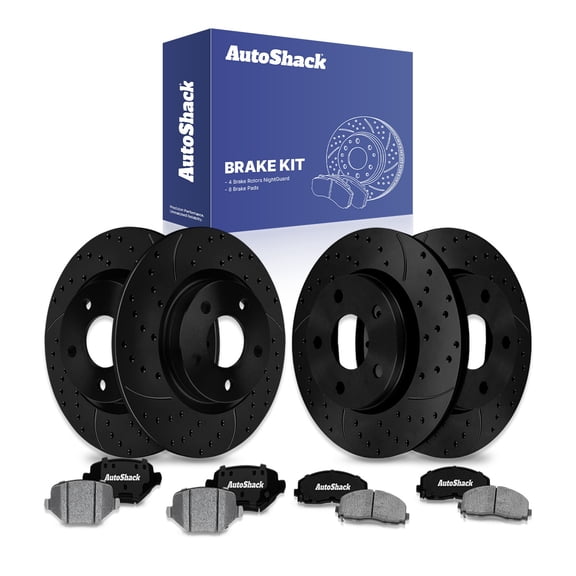 AutoShack Front Vented & Rear Solid Drilled & Slotted E-Coated Brake Rotors Black Finish   Ceramic Pads 12-PC Brake Kit Replacement for 2015-2016 Chrysler Town & Country NightGuard