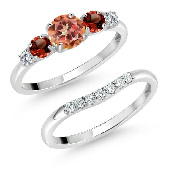 Gem Stone King 10K White Gold Ecstasy Mystic Topaz Red Garnet and White Lab Grown Diamond 5 Stone Bridal Engagement Wedding Ring Set for Women (1.41 Cttw, Round: 5MM and 3MM, Size 7)