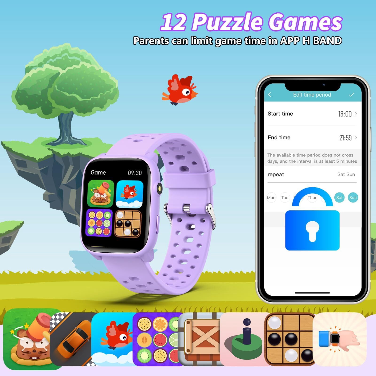 Kids Smart Watch 1.85" Upgrade - Fitness Tracker with Heart Rate Sleep Monitor Pedometer, 100+ Sports Modes, 12 Puzzle Games, Activity Tracker for Boys Girls Teens Aged 6-15 Outdoor Fun (Purple)