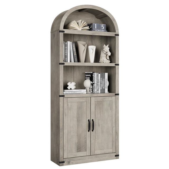 Librero independiente de madera con arco decorativo, 182 cm de alto, 5 niveles y 2 puertas, ideal para almacenamiento en sala, estudio o dormitorio, color gris