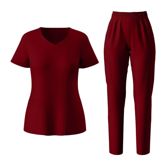 TEAJOPSUU Womens Scrubs Set Criss Cross V-Neck Short Sleeve Top4-Pocket Straight Leg Jogger Pants Side Split Scrubs Medical Uniform B-Burgundy
