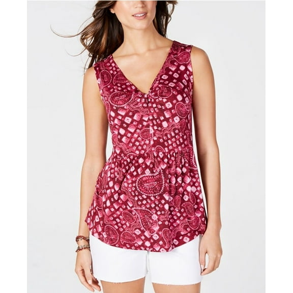 Style & Co Women's Pleated V-Neck Blouse Sleeveless Boho Travels Top Size 2XL