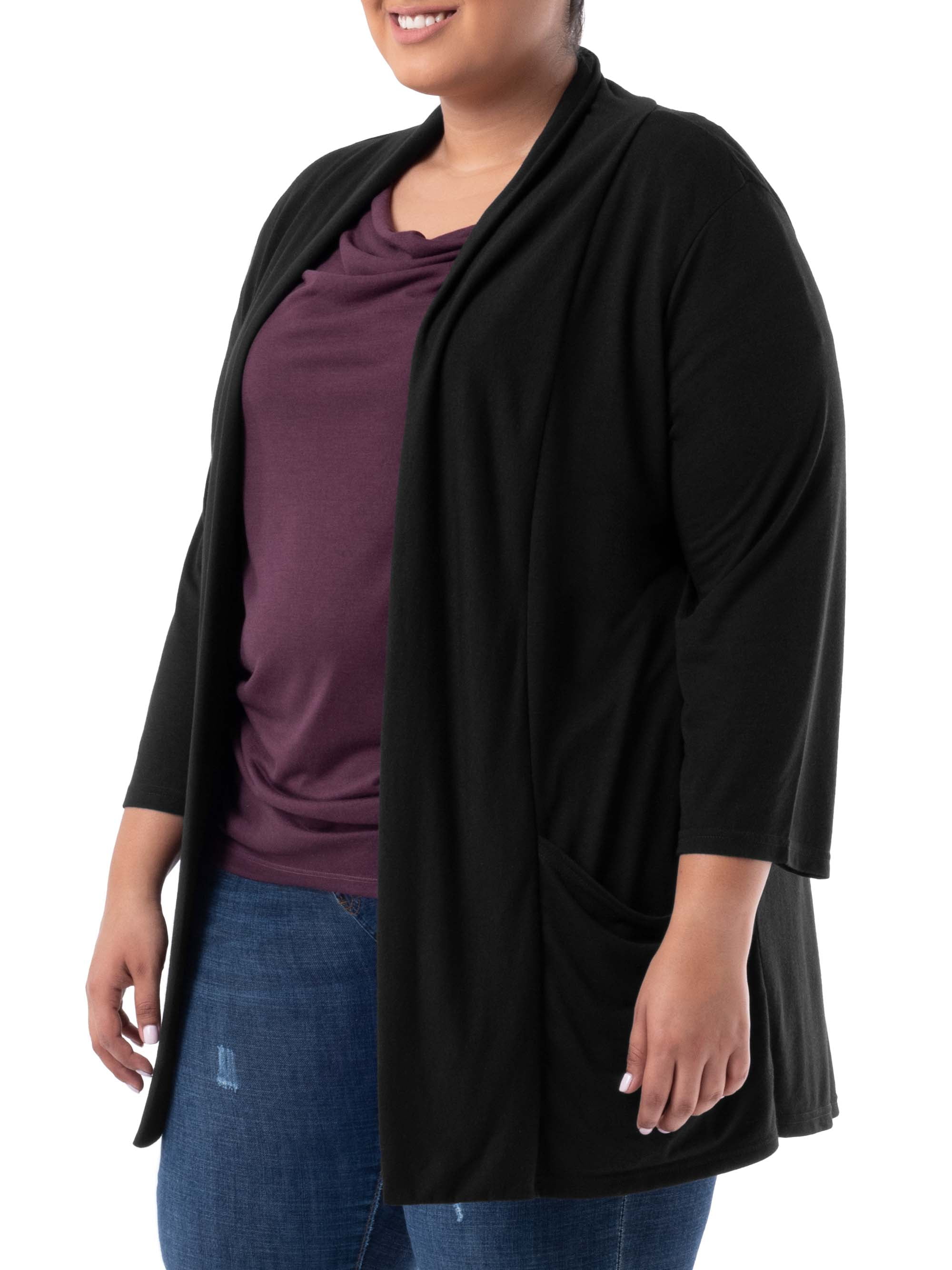 Wright's Women's Plus Size 3/4" Sleeve Draped Open Front Jersey Pocket Cardigan, 1X-4X