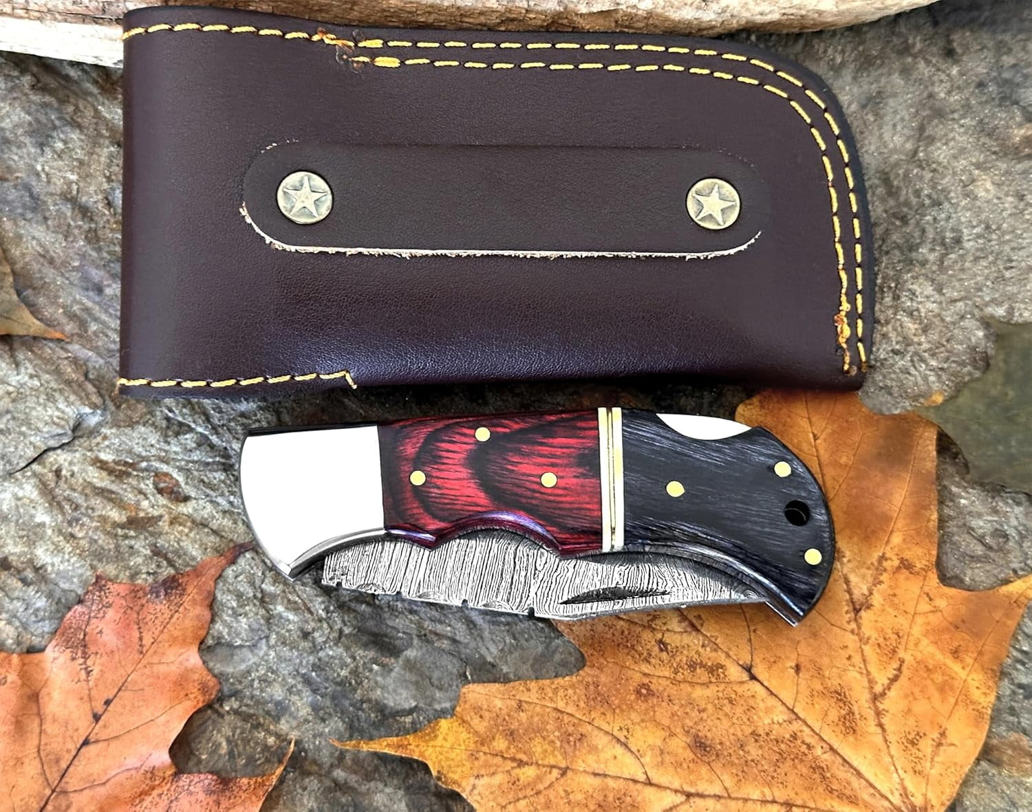 Poshland Damascus Pocket Knife For Men, Handmade Folding Damascus Steel Knife with Sheath For Hunting, Camping, Hiking, Wooden Handle Back Lock Knife