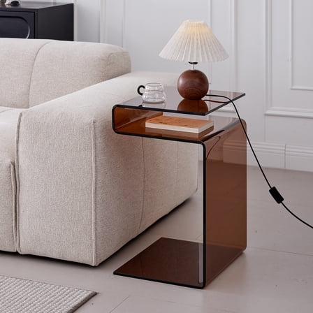 Glass Nightstand,Bronw Side Table,S-Shaped End Table for Living Room,Bedside Table for Bedroom