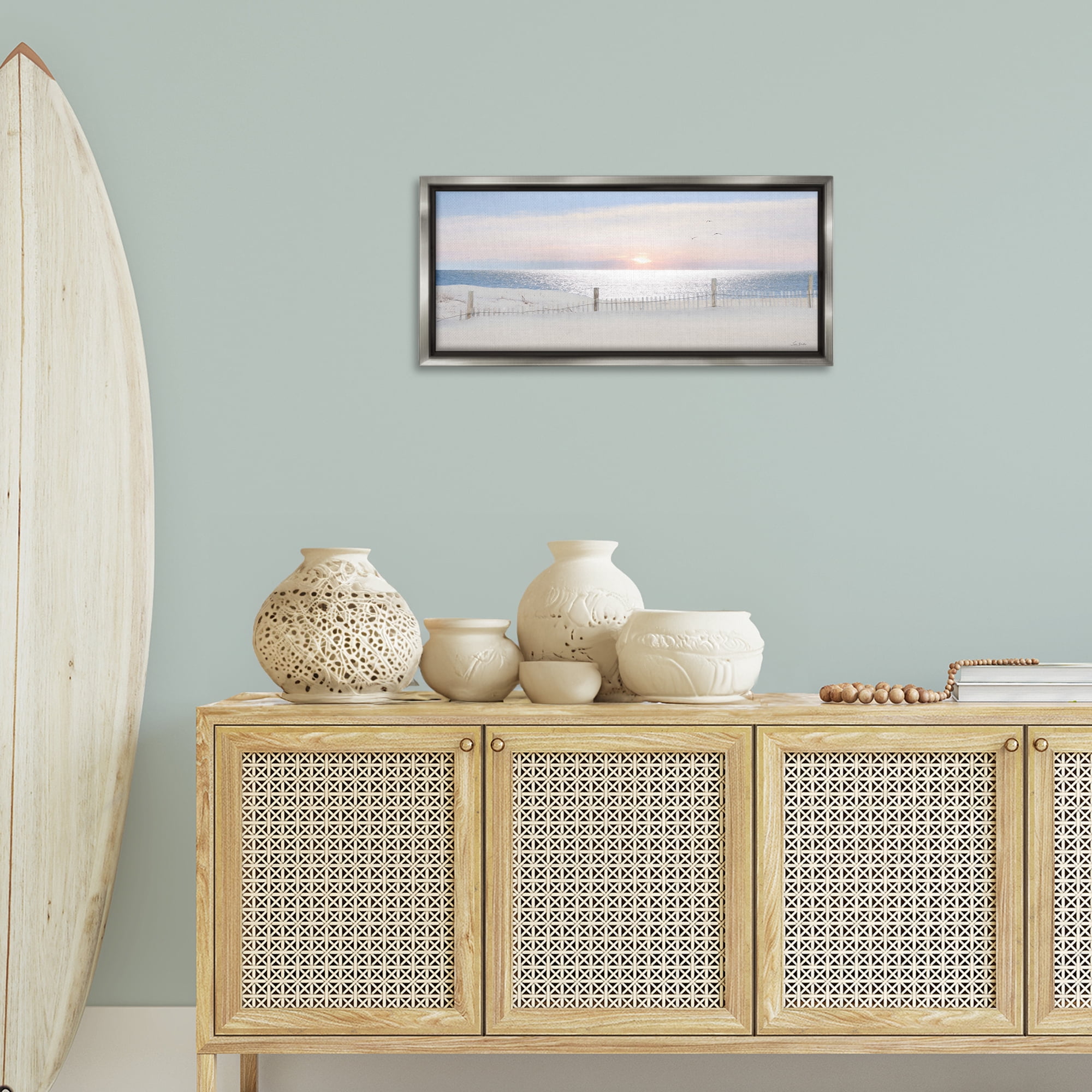 Stupell Industries Fence Along Shore Landscape Photography Gray Floater Framed Canvas Art Print Wall Art, 31 x 14