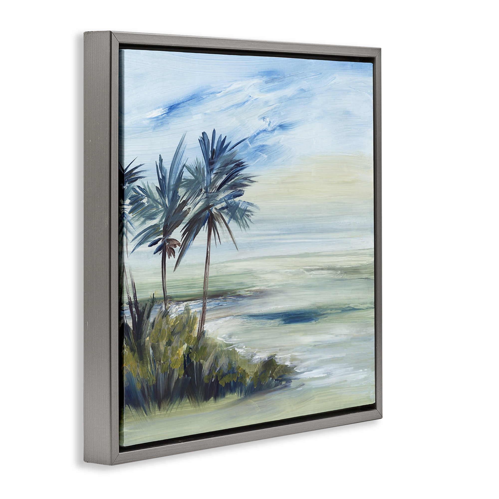 Stupell Industries Windy Palm Trees Nautical & Beach Painting Gray Floater Framed Canvas Art Print Wall Art, 18 x 18