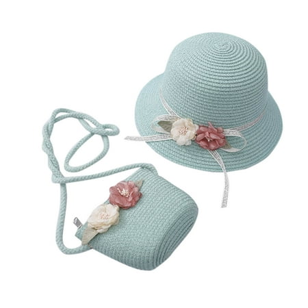 

OJinShaWanO Baseball Hats Teams Children Girl Summer Sunscreen Sunshade Hat Straw Beach Sun Hat + Straw Bag Mint Green