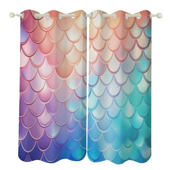 Colorful Gradient Fish Scale Texture Mermaid Curtains Aesthetic Envrionmental Friendly Picture, Living Room Bedroom Window Drapes 2 Panel Set