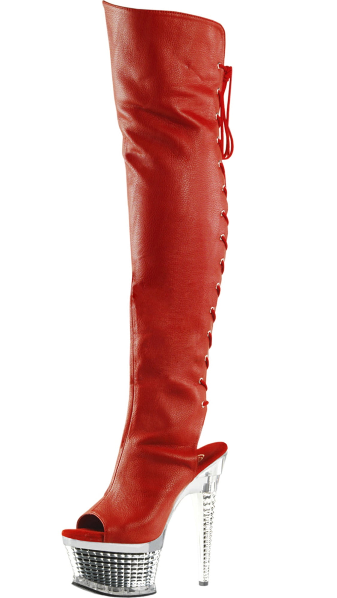 red open toe knee high boots
