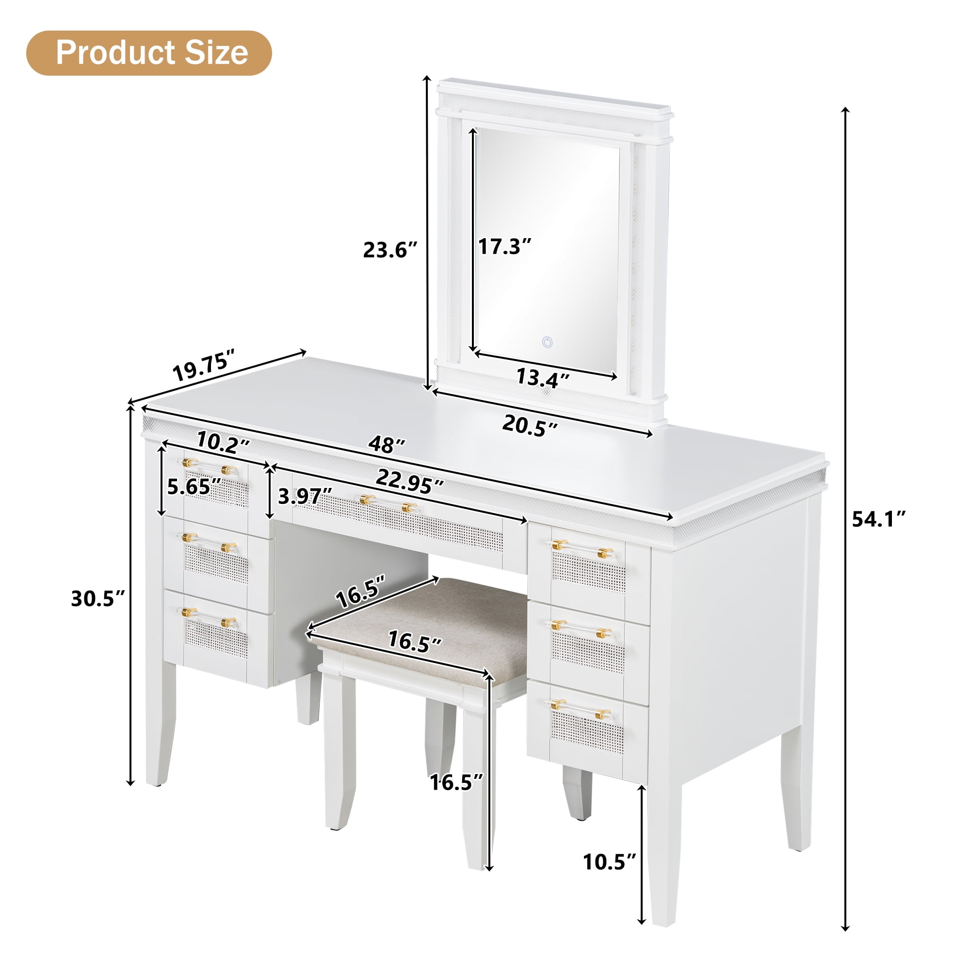 Mintazer Vanity Set with Mirror & Lights, Dressing Table with 7 Drawers and Stool, Makeup Vanity Desk with Hollow Design Drawer for Bedroom, White