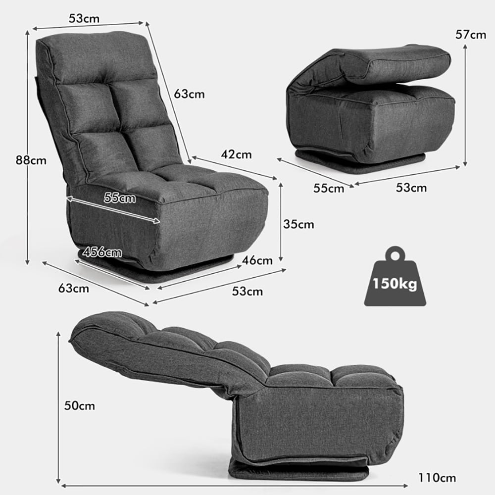 Finihen Swivel Folding Lazy Sofa Chair, Floor Chair, 360-Degree Swivel Folding Floor Chair with 6 Adjustable Positions, for Living Room, Bedroom, for Gaming, Reading, Gray