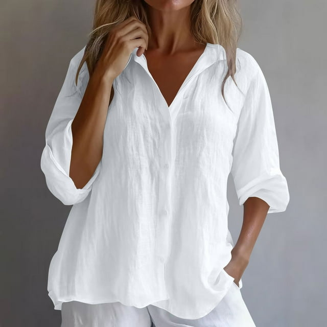 Roncen Womens Cotton Linen Tunic Shirts Button Down Long Sleeve Blouse Tops Beach Cover Up