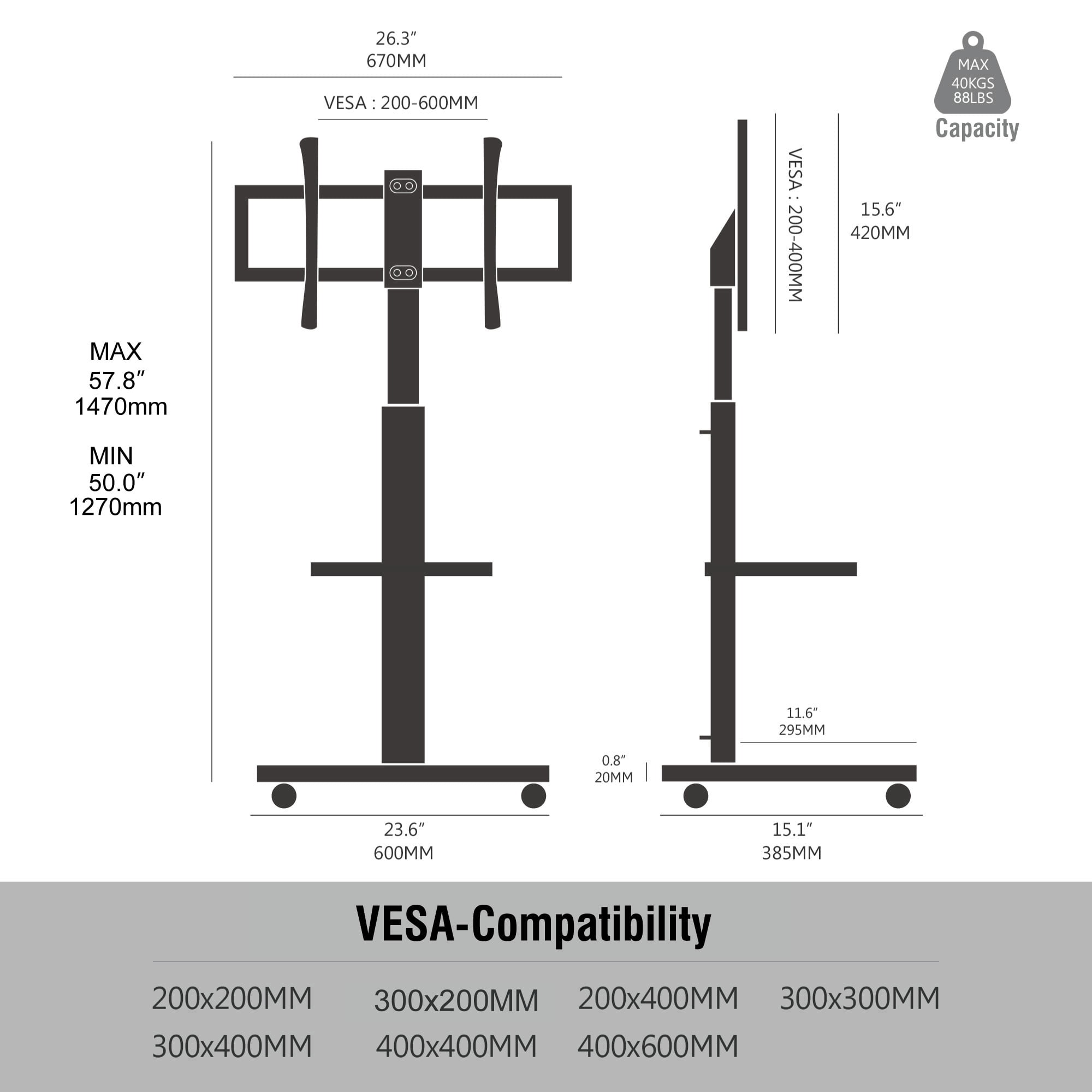 FITUEYES Rolling TV Floor Stand for 32 - 70 Inch TVs, with 1 shelf