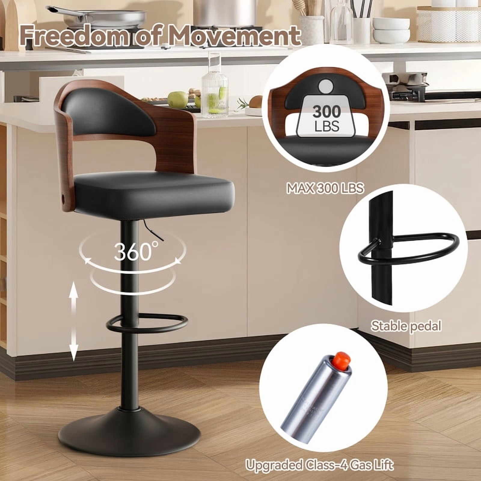 Daluvenix Swivel Bar Stools Set of 4, Wooden Kitchen Bar Chairs with Back, PU Leather Counter Height Barstools for Kitchen Island, Black