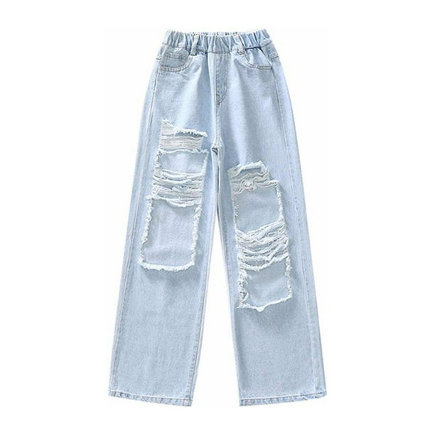 Guardurnaity Pantalón de mezclilla para niñas de moda Pantalones vaqueros rasgados para niñas amigables con la piel y de moda Bolsillos de Prendas para la parte inferior del cuerpo TYPE3