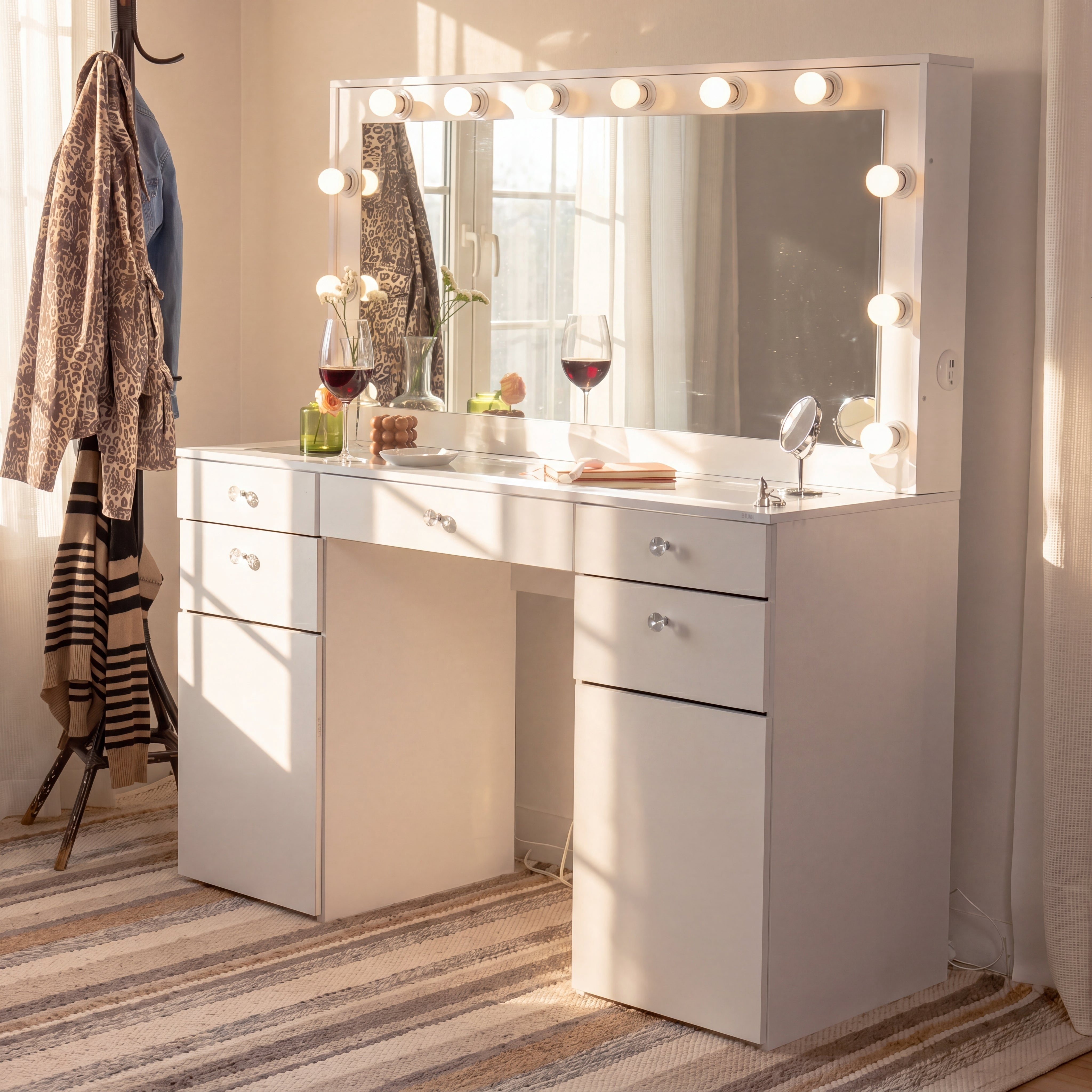 Boahaus Verona Large Vanity Desk with Mirror and Lights – 5 Drawer Makeup Vanity Table with Storage and Power Outlet