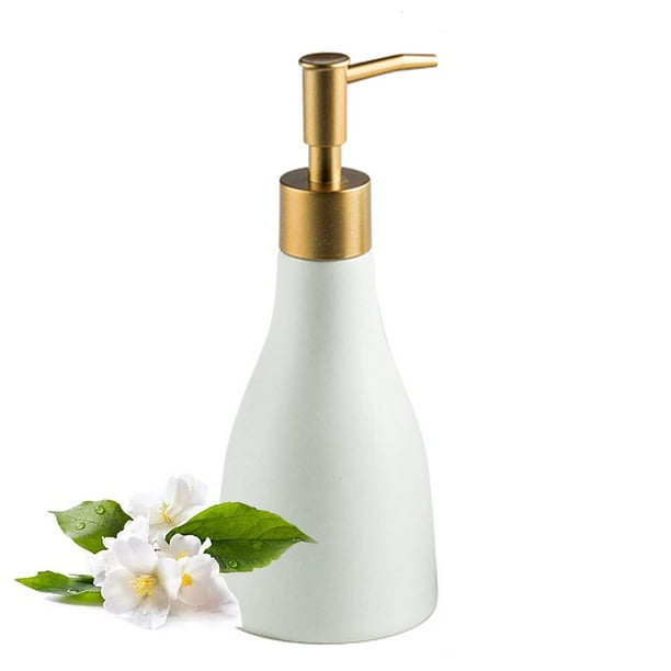 Dispensador de jabón dorado para encimera de baño, dispensador de jabón de cerámica blanca para fregadero de cocina, dispensador de jabón de manos moderno con bomba dorada para ducha de