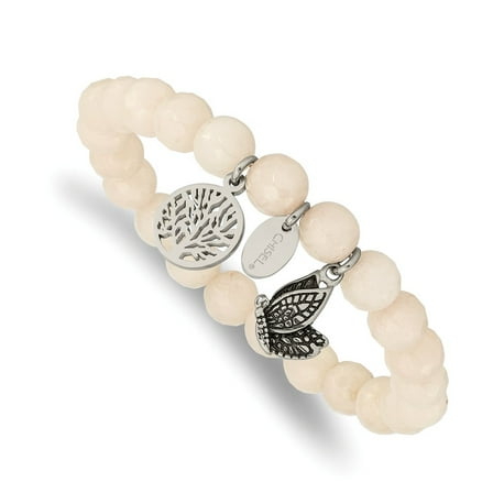 Primal Steel Stainless Steel Antiqued and Polished Butterfly White Jade Stretch Bracelet