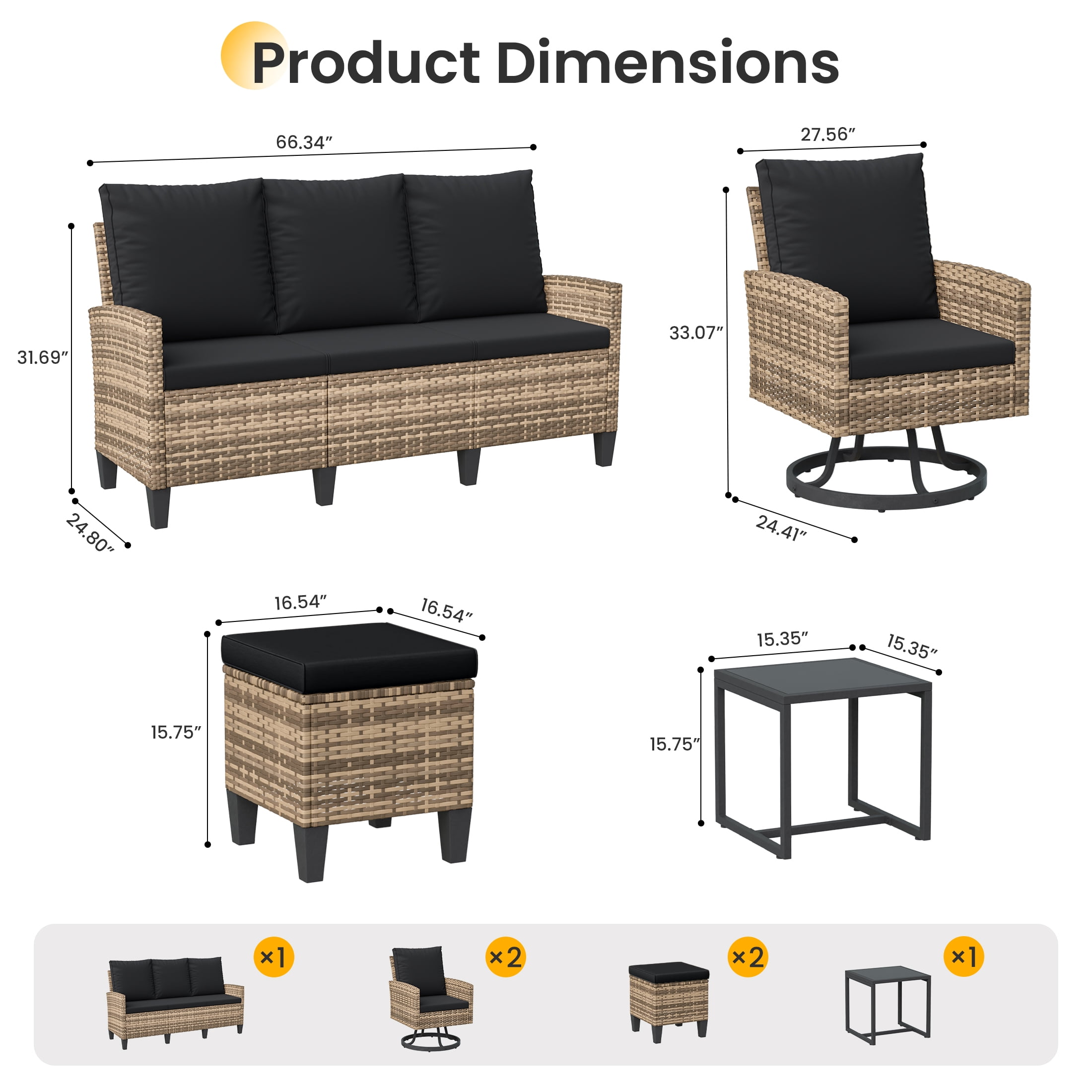 TECHMILLY 6 Pieces Outdoor Conversation Set, All-Weather Wicker Rattan Outdoor Sectional Sofa Set with Ottoman and Swivel Chairs for Poolside, Backyard，Yellow Brown Wicker Black Cushions