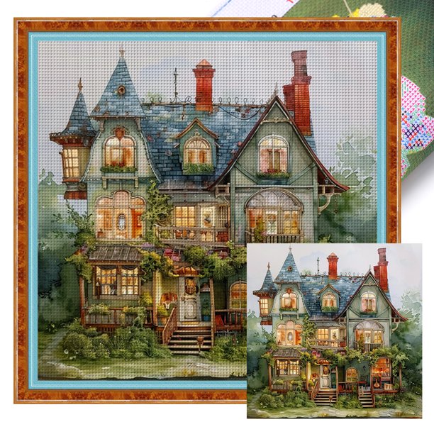 (14CTABB-1090__C__50X50) Hilo algodón ecológico bordado 14CT 2 hebras impresión 50*50 kit serie paisaje punto cruz cabaña forestal