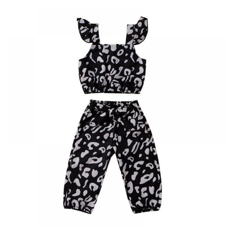 

Toddler Baby Girls Summer Clothes Set Leopard Kids Sling Tops + Leopard Elastic Leg Pants